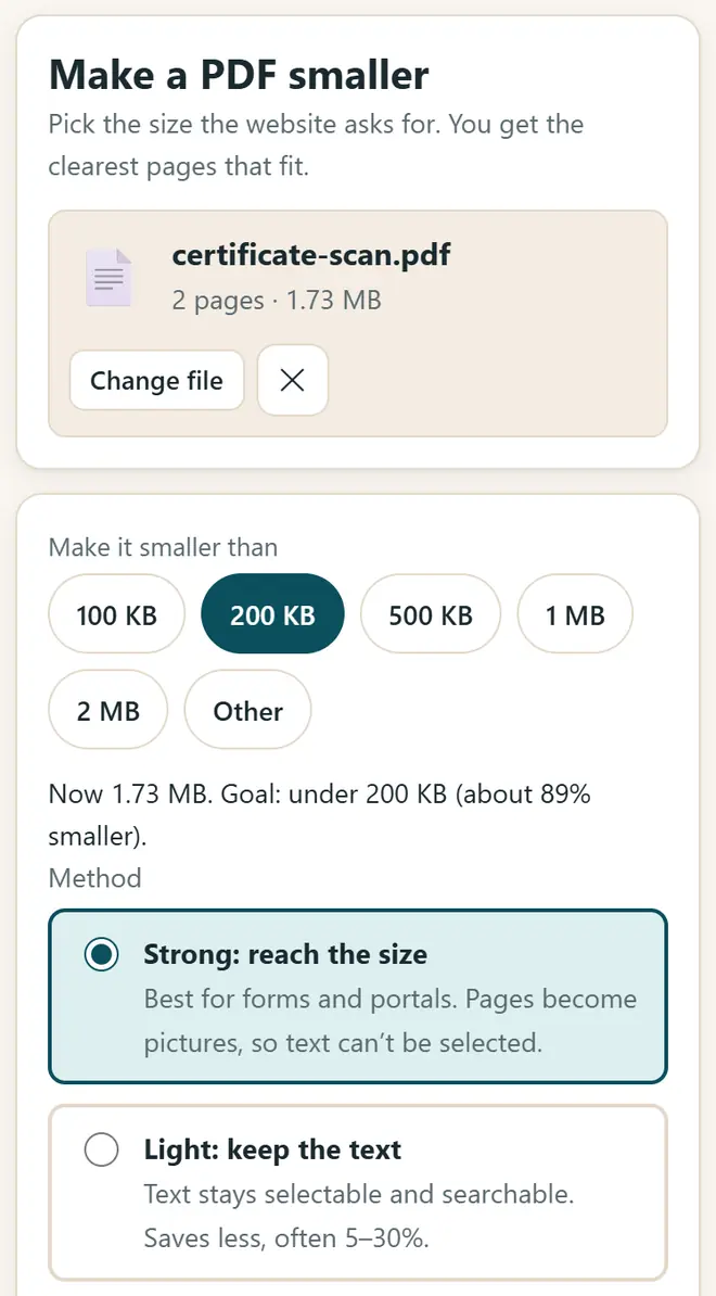Pick the size the form asks for: 100 KB, 200 KB, 500 KB and more.