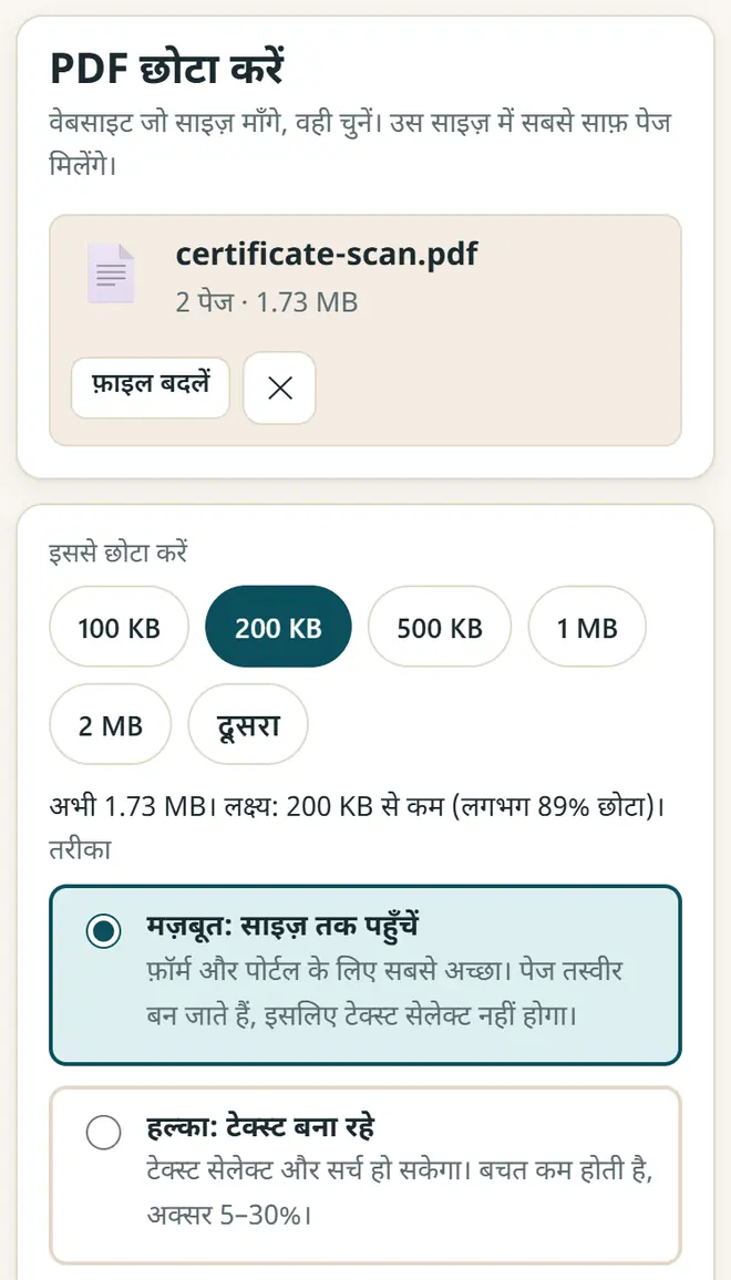 फ़ॉर्म में माँगा गया साइज़ चुनें: 100 KB, 200 KB, 500 KB और भी।