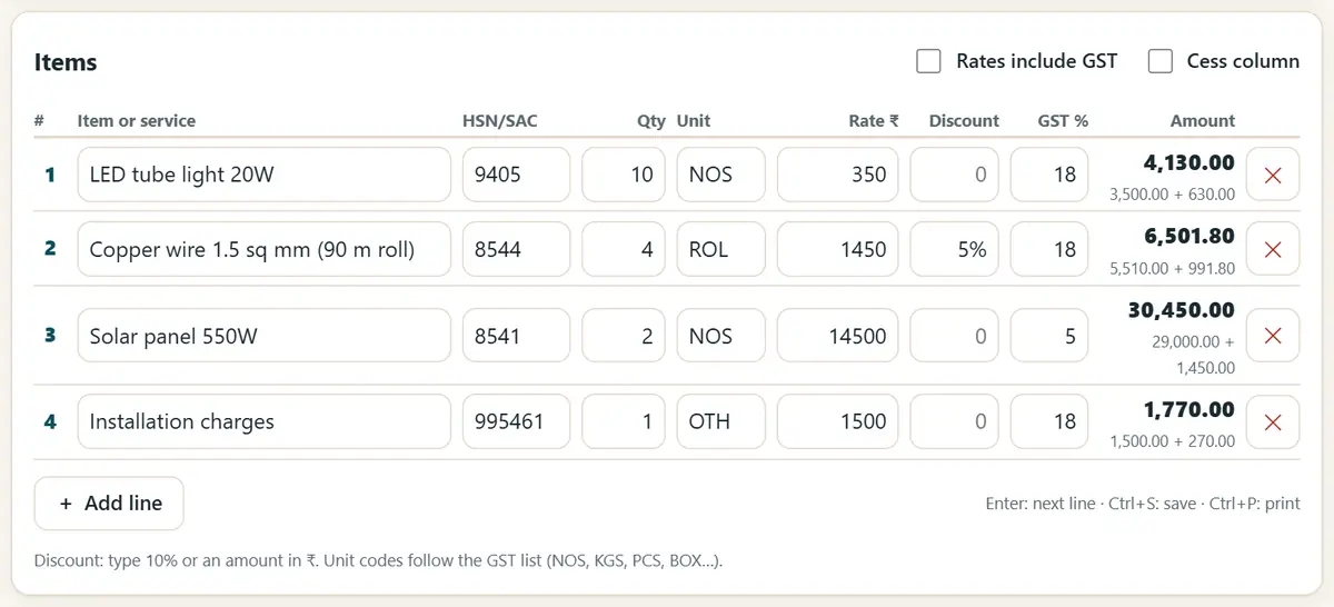 HSN കോഡ്, അളവ്, വില, GST എന്നിവയോടെ ഇനങ്ങൾ ചേർക്കുക.