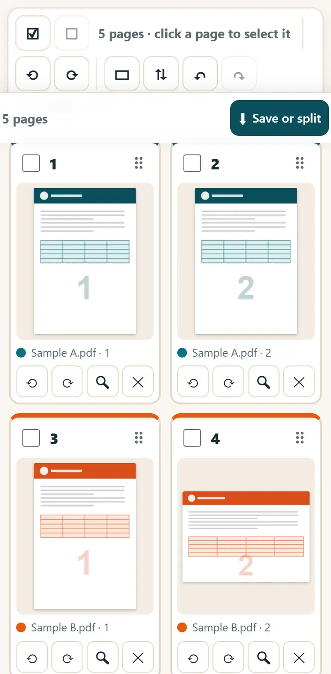 Every page as a card: drag to change the order.