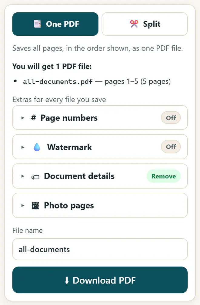 Type a file name and download the merged PDF.